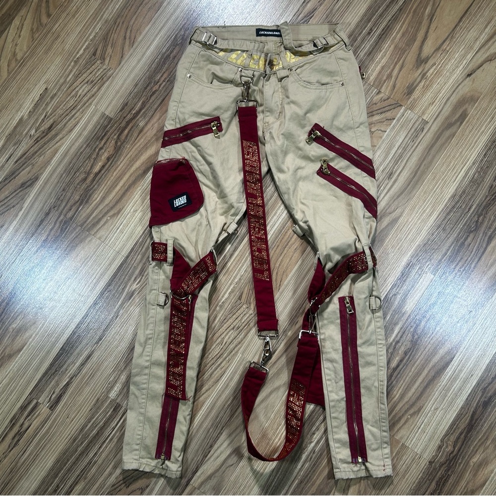 Dope Men's Tan Cargo Pants with Red Accent Straps